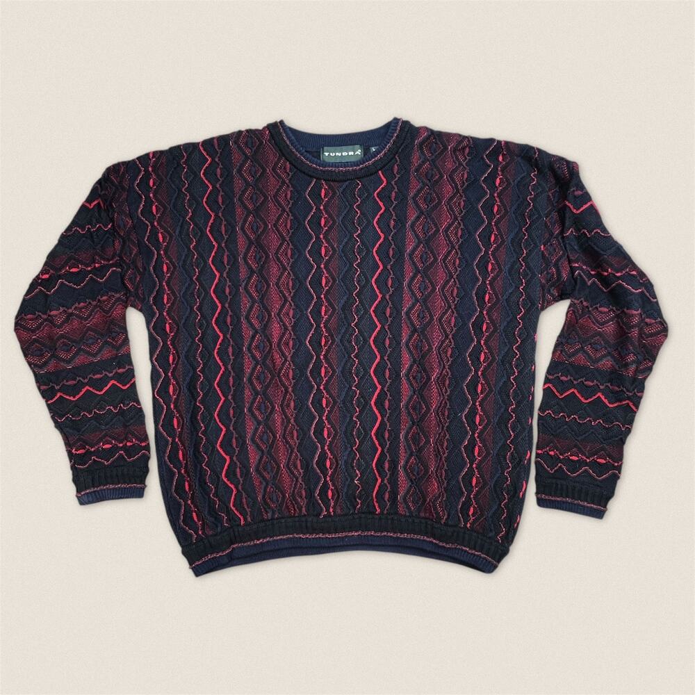 Vintage 90s Tundra Zig Zag Pattern Red Black Grandpa‎ Sweater - Size Large